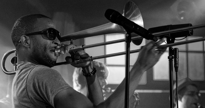 Trombone Shorty & Orleans Avenue performing at 2014's Das Zelt Musik Festival in Germany. © Jörgens